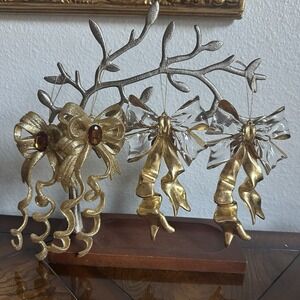 VTG Large Bow Christmas Ornaments 7" Retro Gold Tone Amber Faux Stone Glittering